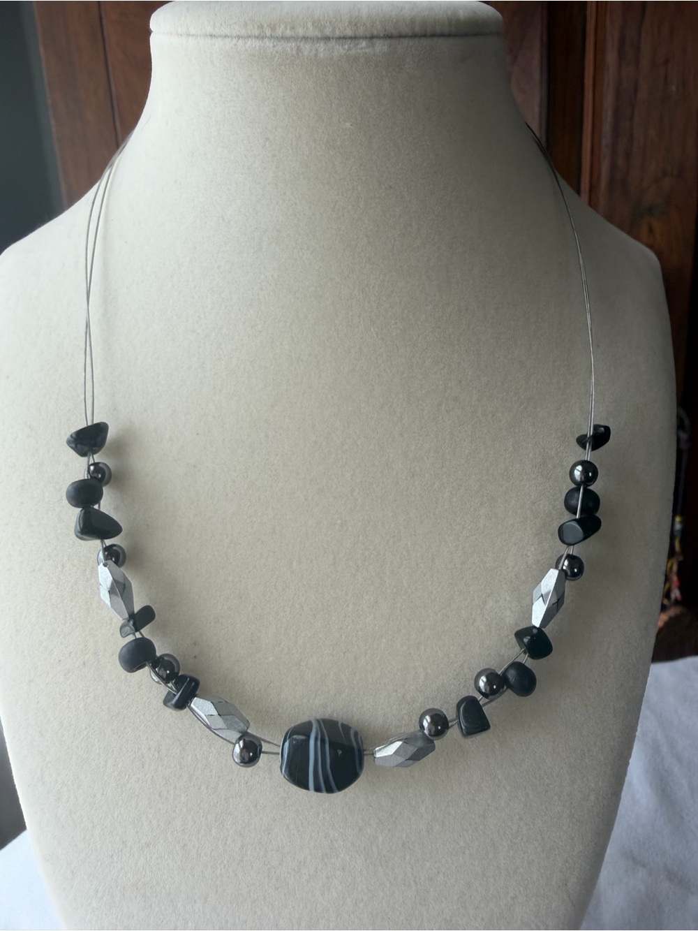 Lia Sophia Black Hematite Silver Geometric Beaded Necklace Modern Statement